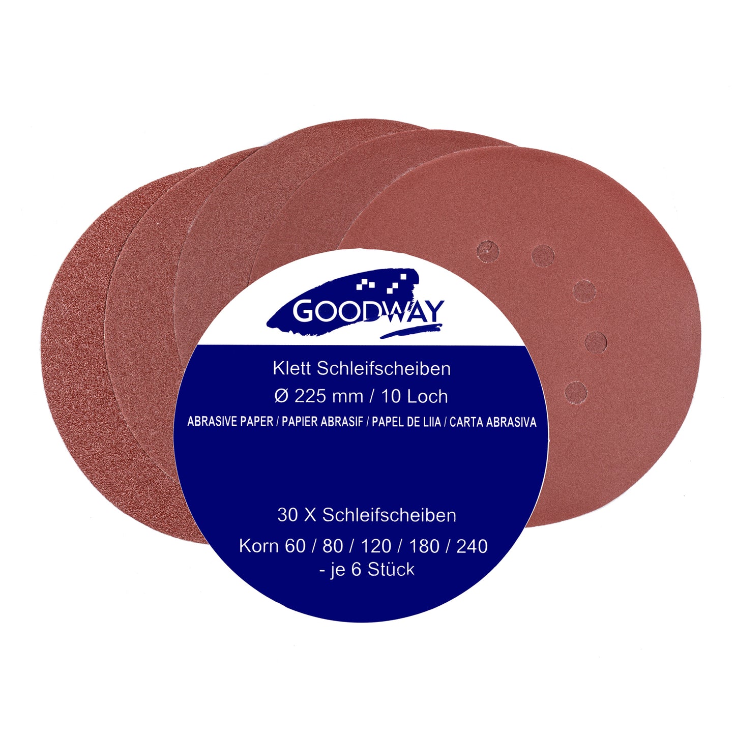 Klett-Schleifscheiben │ Ø 225 mm │ 10-Loch│ 30 Stück, mixed je 6 X (60/80/120/180/240)