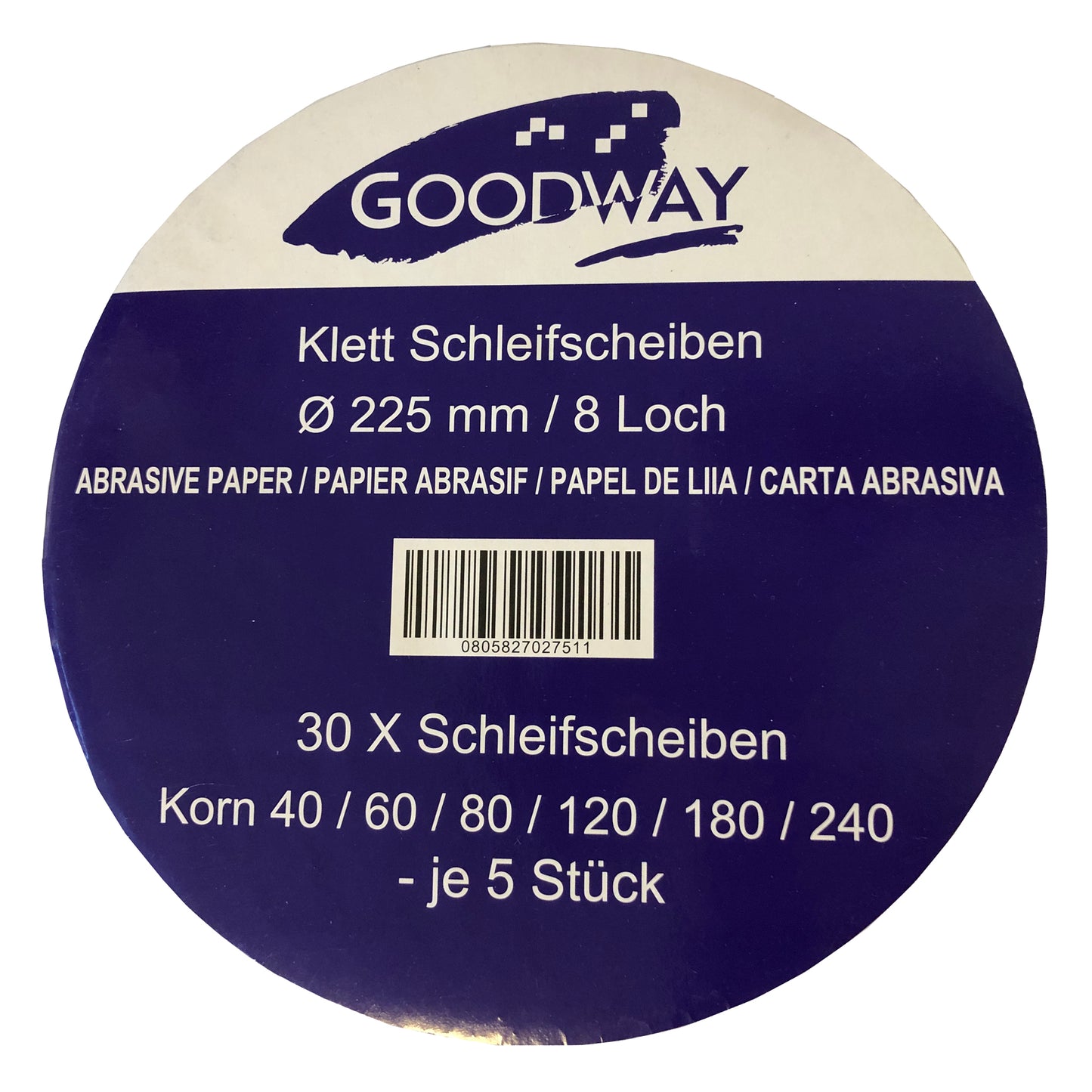 Klett-Schleifscheiben │ Ø 225 mm │ 8-Loch│ 30 Stück, mixed je 5 X  (40/60/80/120/180/240)