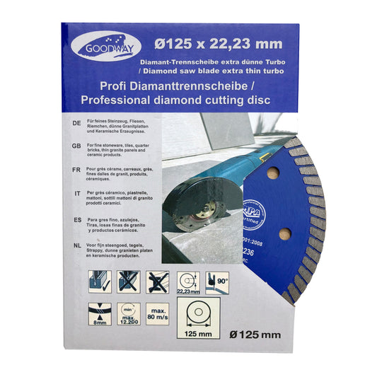 Profi-Diamant Trennscheiben │ 1 Stück │ Ø 125mm x 22,23 mm extra dünn turbo für feines Steinzeug, Fliesen, Riemchen, dünne Granitplatte.